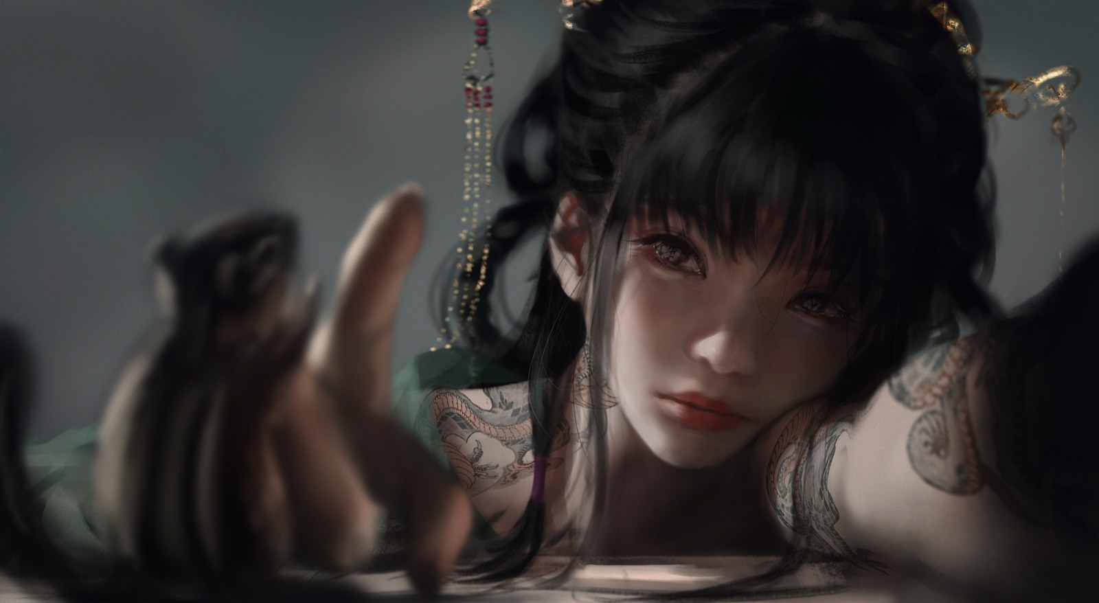 侧卧的黑发人物插画，前景有一只伸出的手